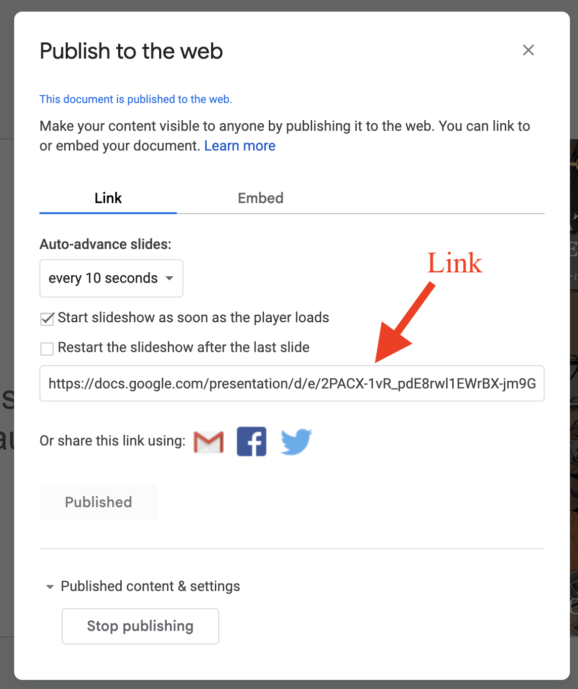 Screenshot of publish to the web settings